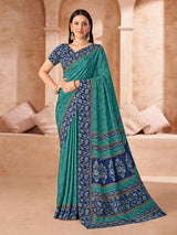 Rama green printed crepe silk saree with unstitched blouse