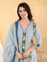 Indigo blue paisley anarkali women pant kurti set