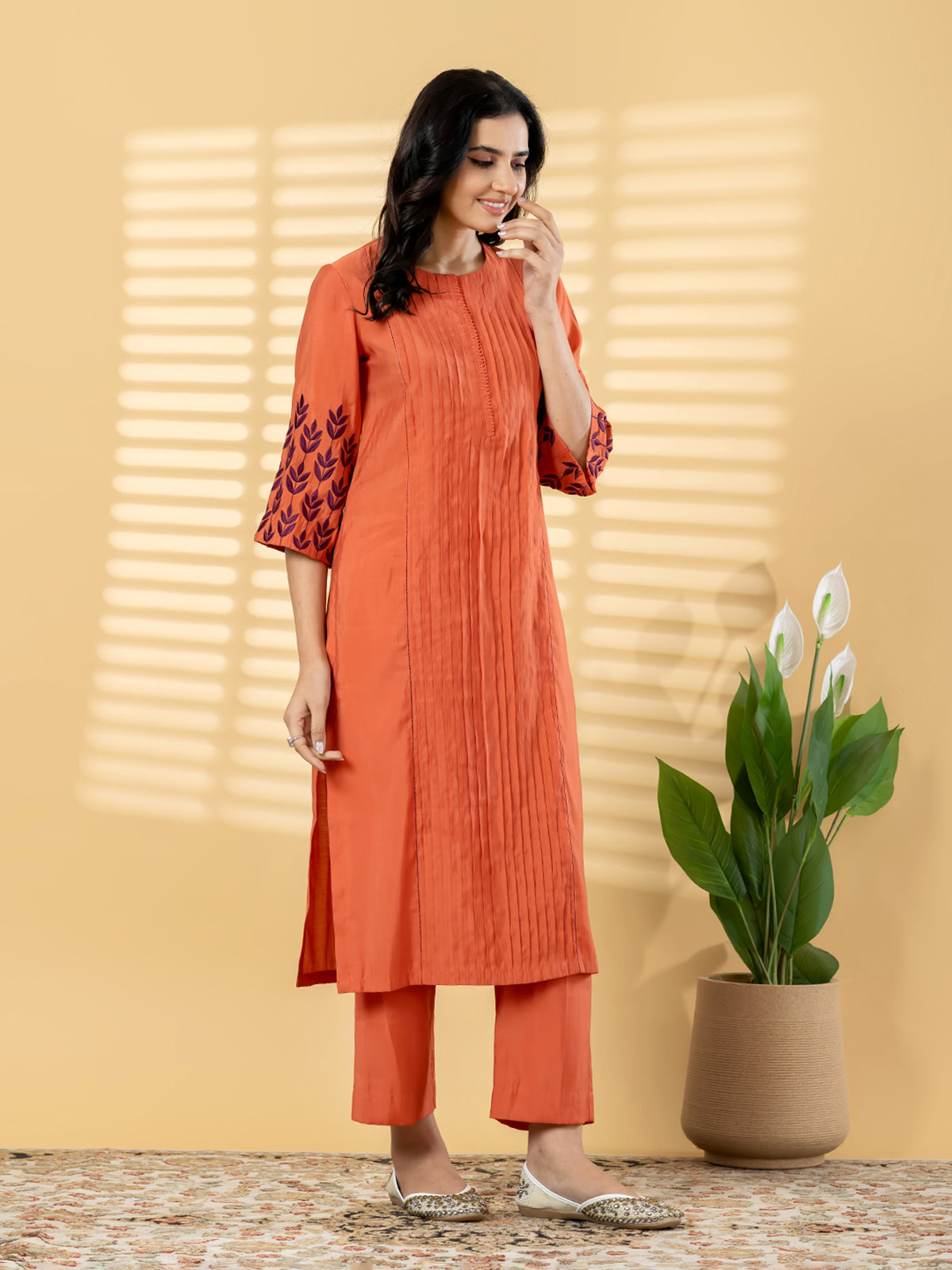 Dusty orange pin tuck women pant kurti set