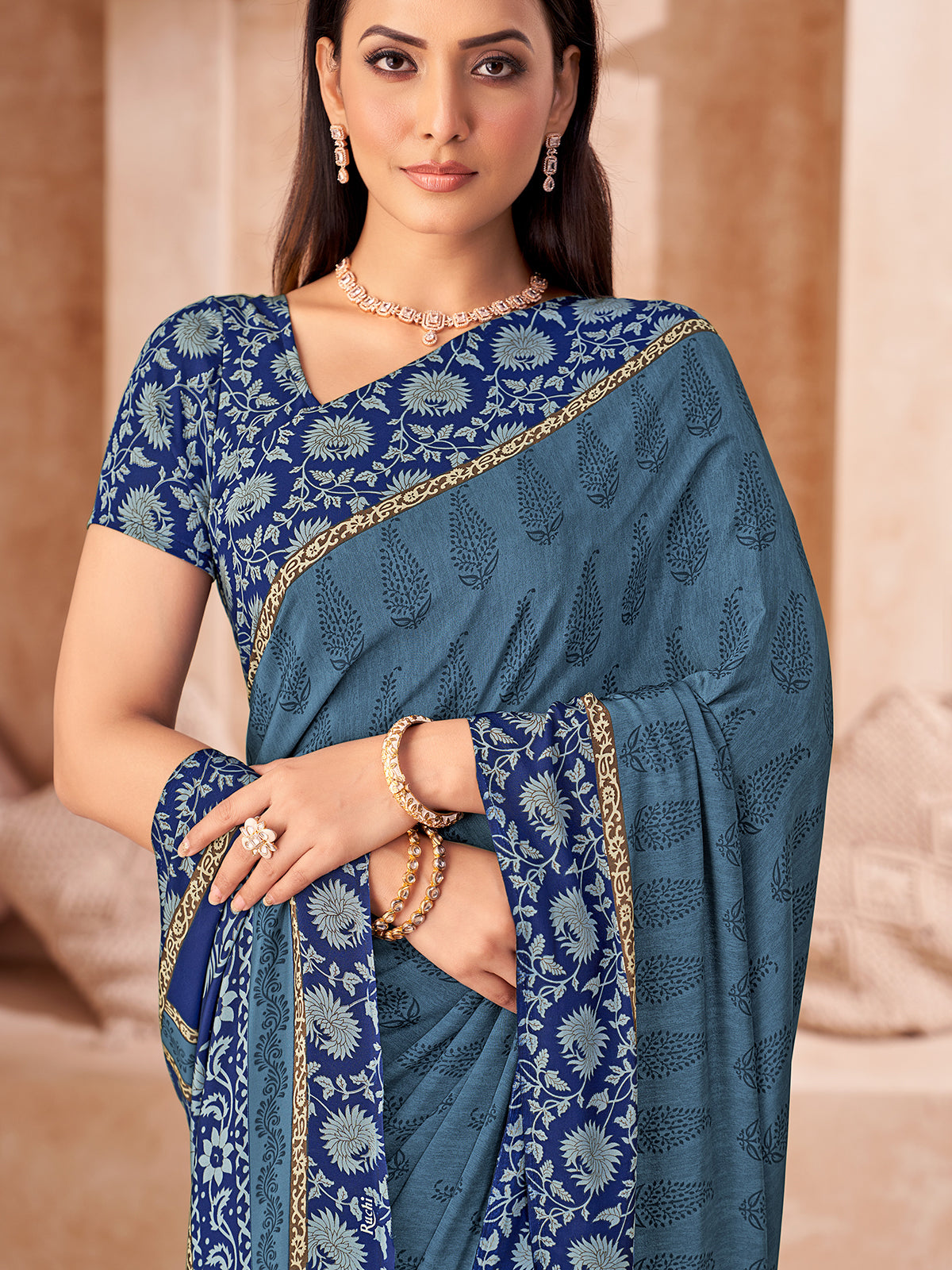 Blue printed crepe silk saree for casual