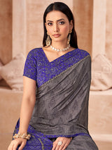 Grey printed crepe silk saree with unstitched blouse