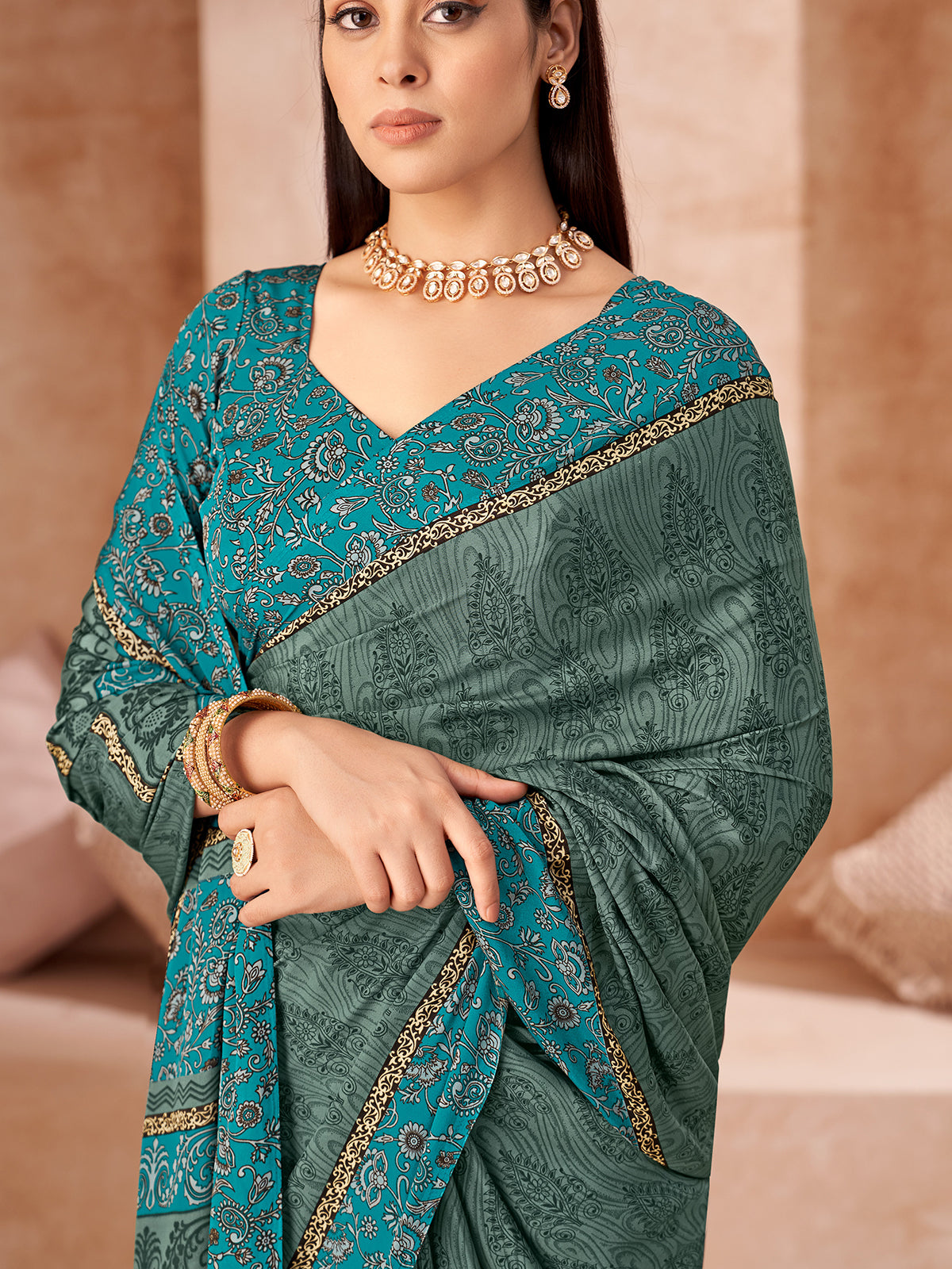 Sky blue printed crepe silk saree with unstitched blouse