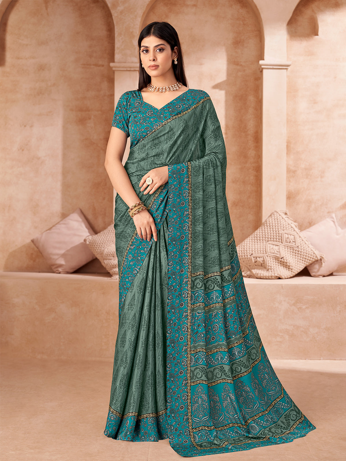 Sky blue printed crepe silk saree with unstitched blouse