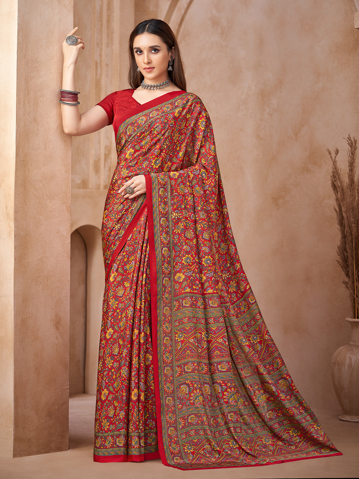 Red kalamkari printed crepe silk saree