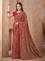 Red kalamkari printed crepe silk saree