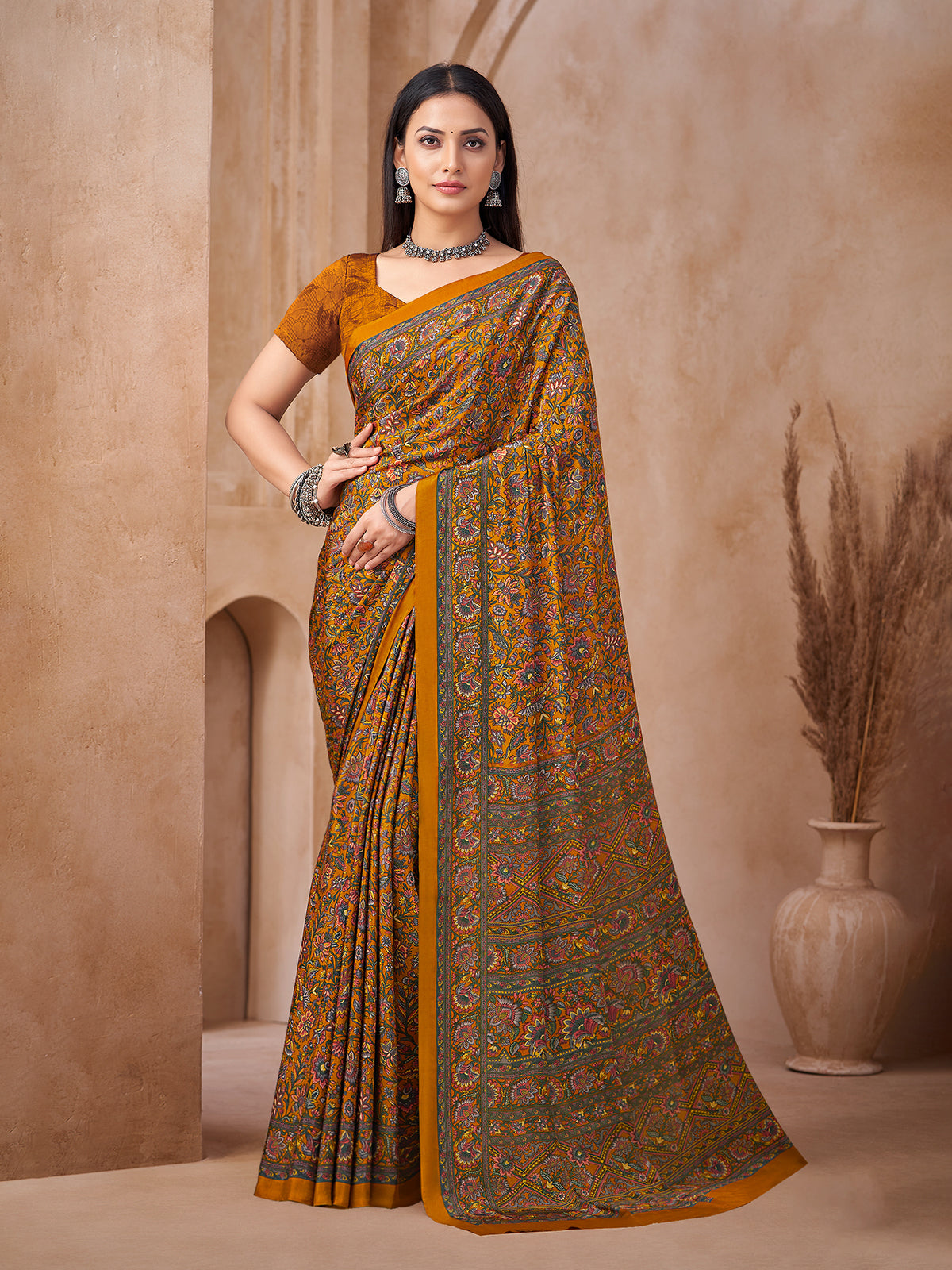 Yellow floral printed crepe silk saree