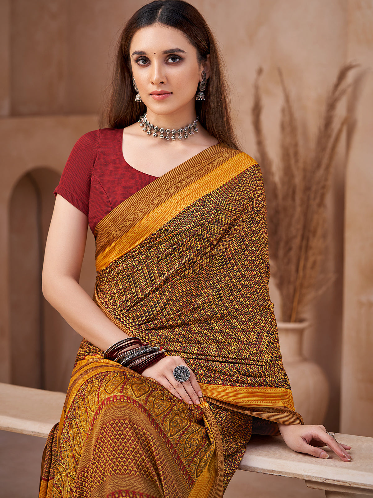 Yellow traditional printed crepe silk saree