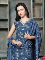Blue women zari border printed palazzo set