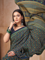 Blue floral printed crepe silk saree