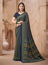 Blue floral printed crepe silk saree