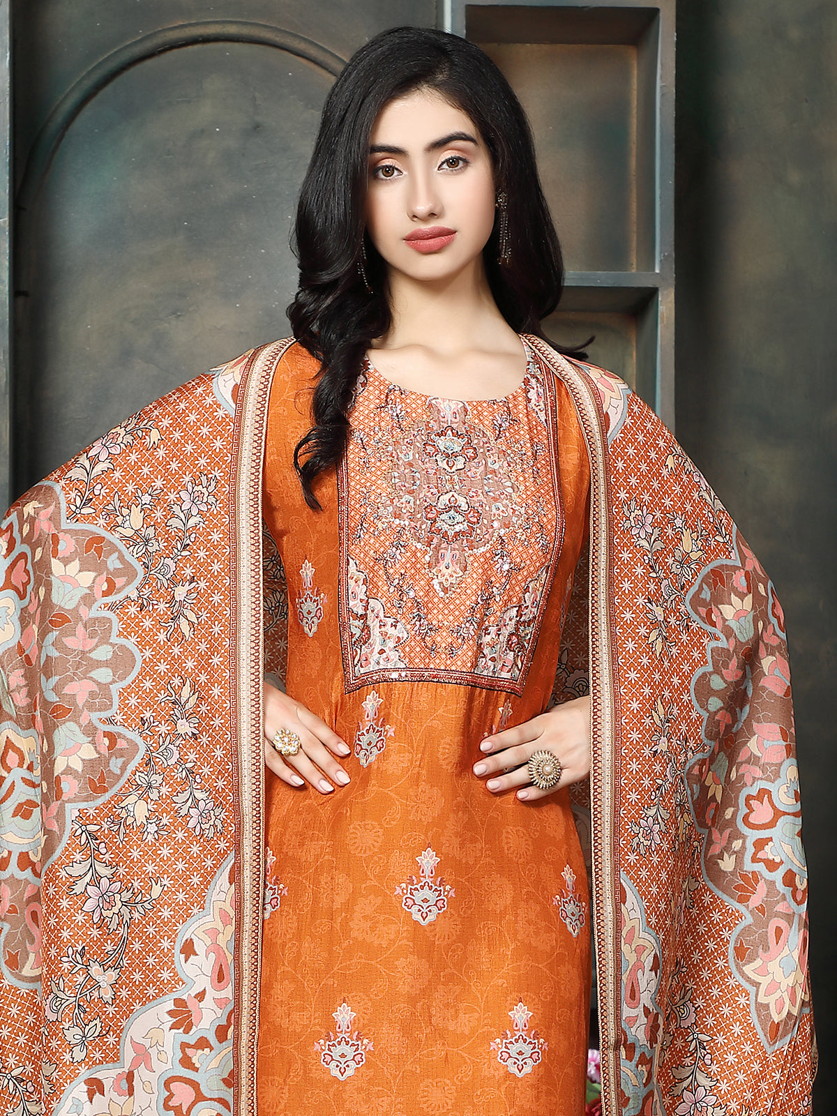 Rust orange women mughal printed kurti set