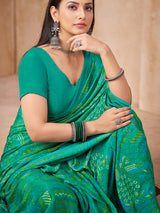 Green abstract printed crepe silk saree