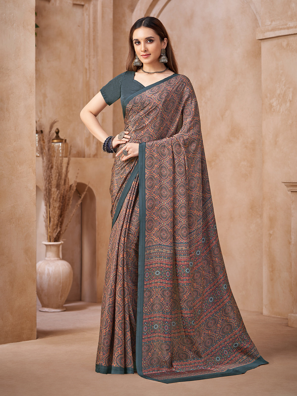 Grey kalamkari printed crepe silk saree
