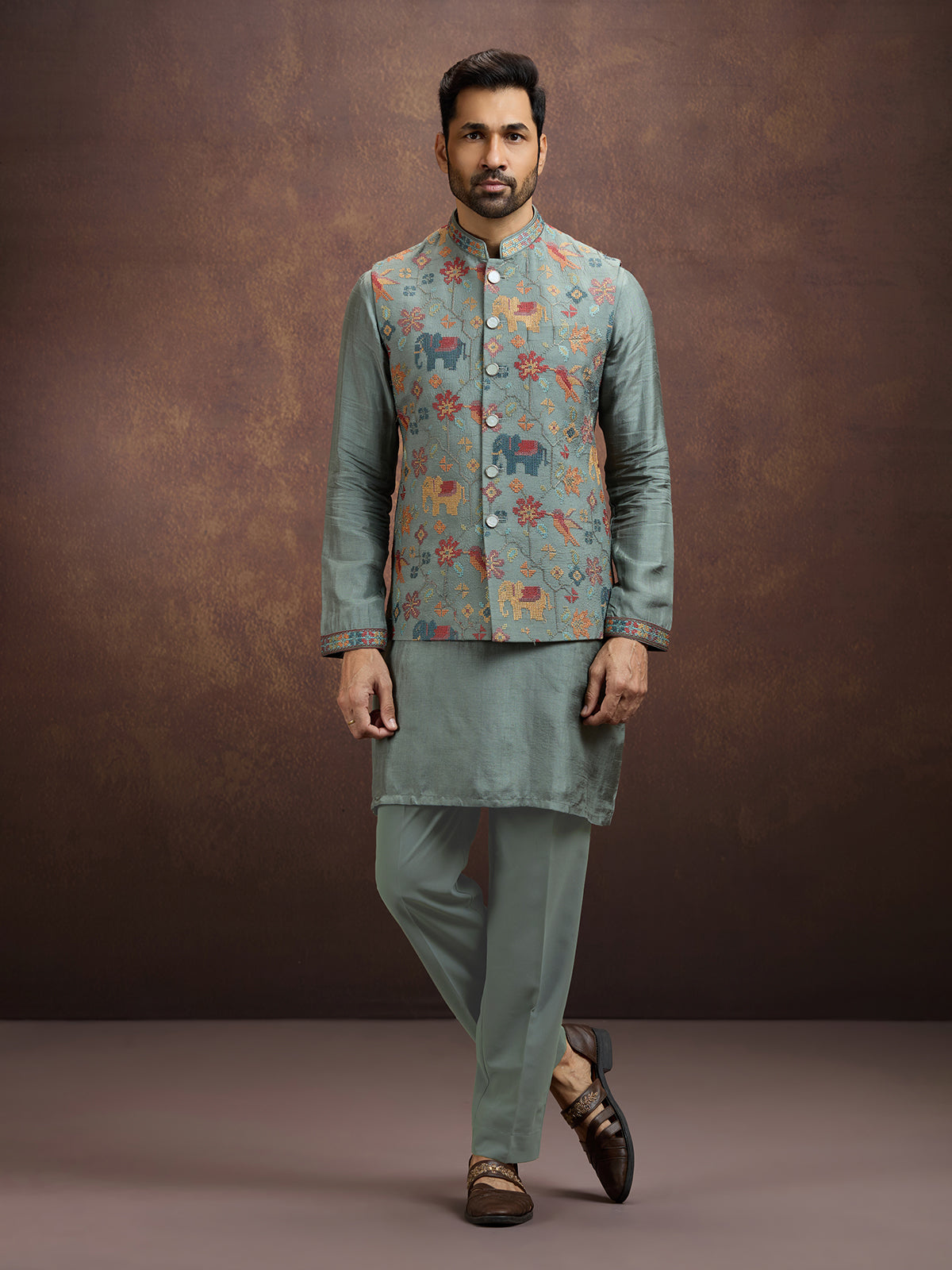 Sage grey folk embroidered silk waistcoat set