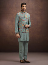 Sage grey folk embroidered silk waistcoat set
