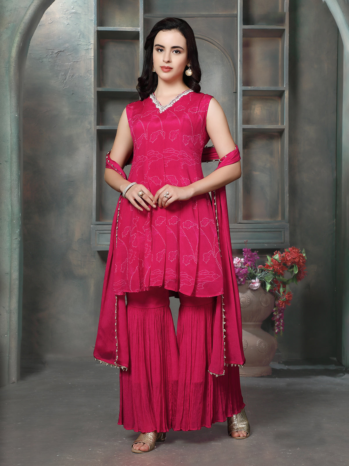 Pink women bandhani embellished sharara set
