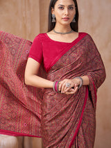 Red heritage printed crepe silk saree