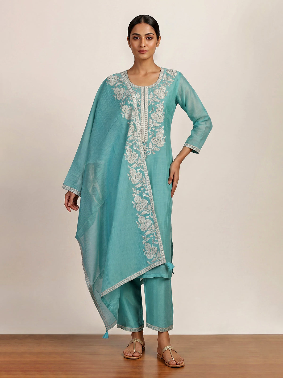 Aqua blue women floral zari kurti set
