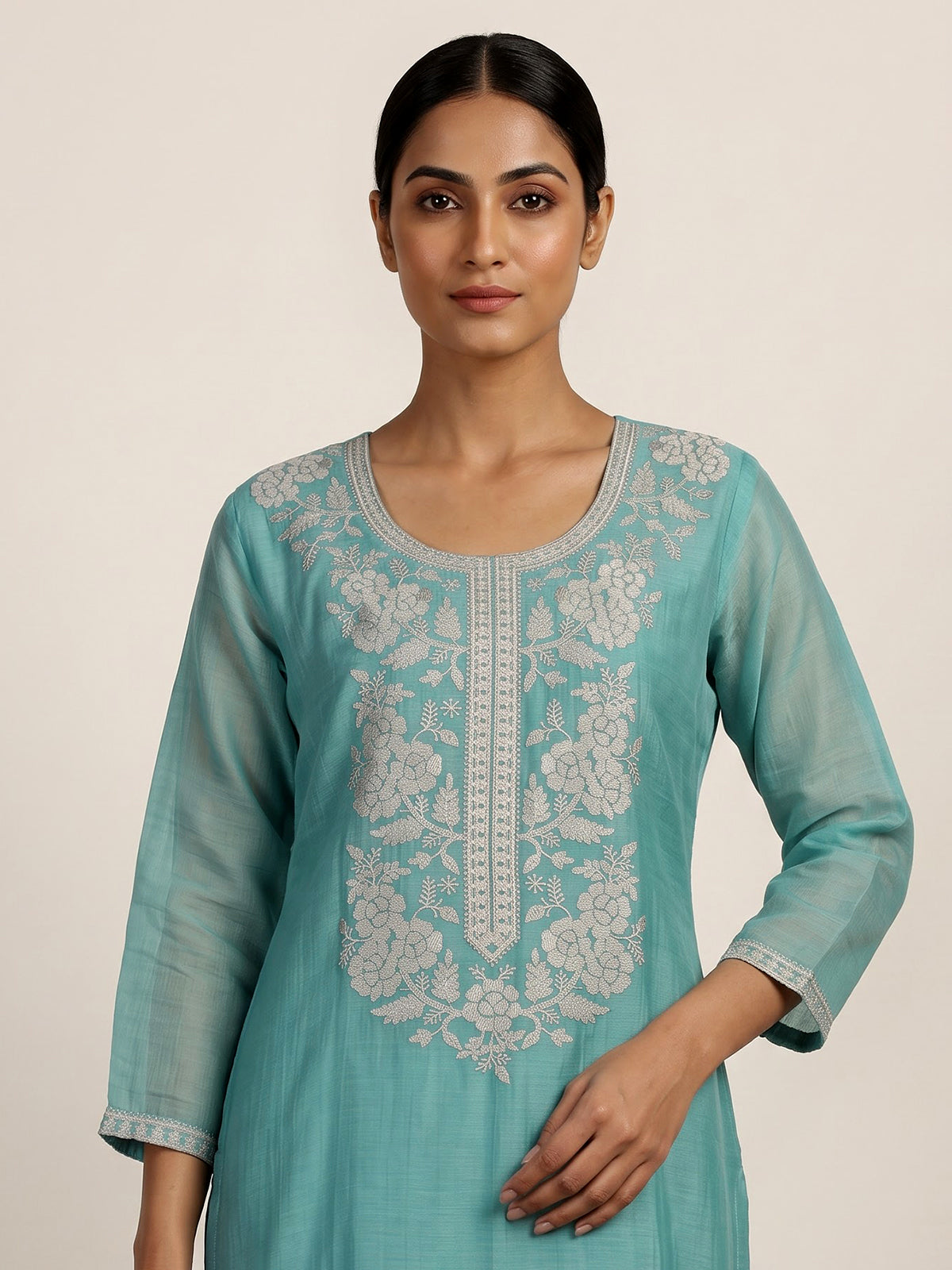 Aqua blue women floral zari kurti set