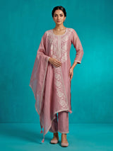 Pink women floral threadwork kurti set