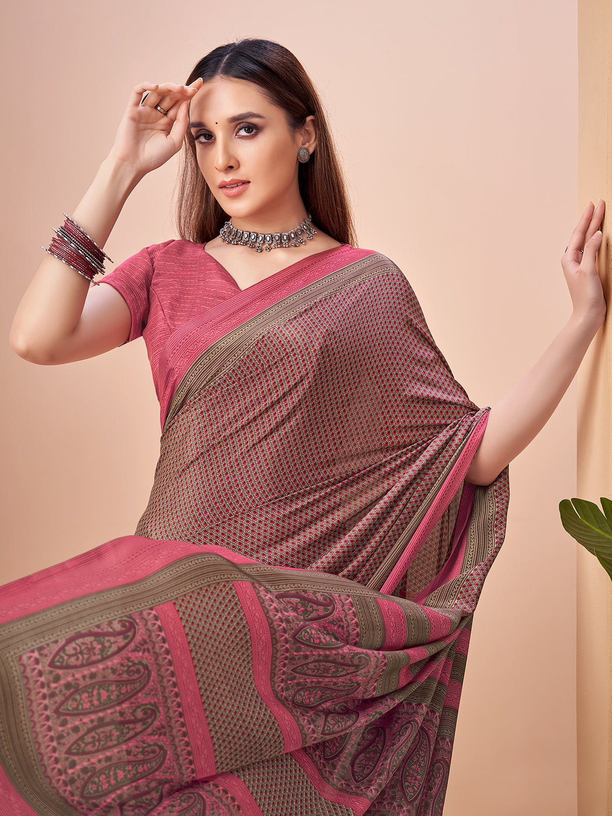 Pink printed crepe silk saree for women