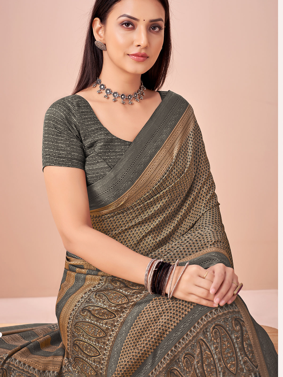 Black printed crepe silk saree for women
