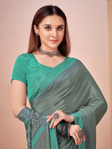 Mint blue printed crepe silk saree with unstitched blouse