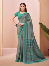 Mint blue printed crepe silk saree with unstitched blouse