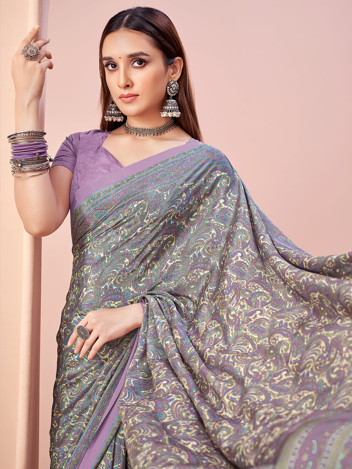 Lavender printed casual crepe silk saree with unstitched blouse