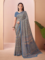 Stone blue printed crepe silk saree with unstitched blouse