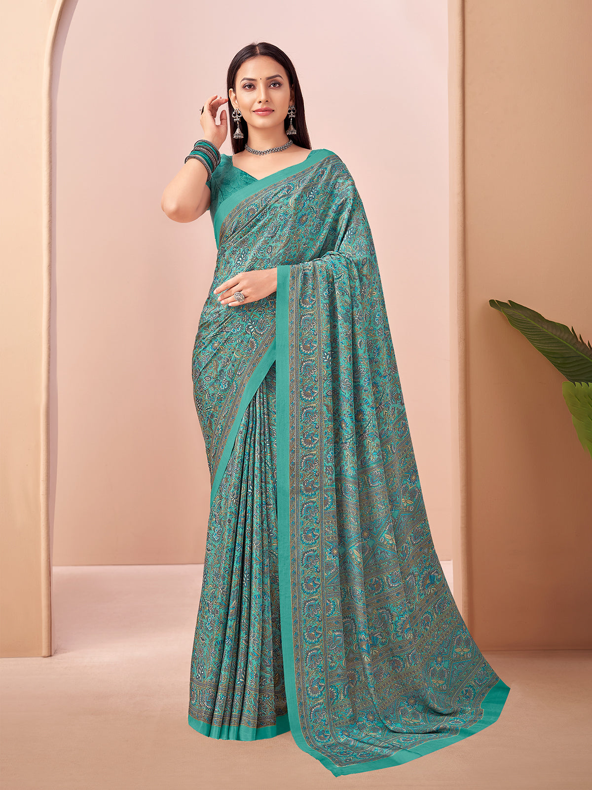 Rama blue printed crepe silk saree with unstitched blouse