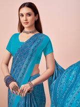 Sky blue printed casual crepe silk saree with unstitched blouse