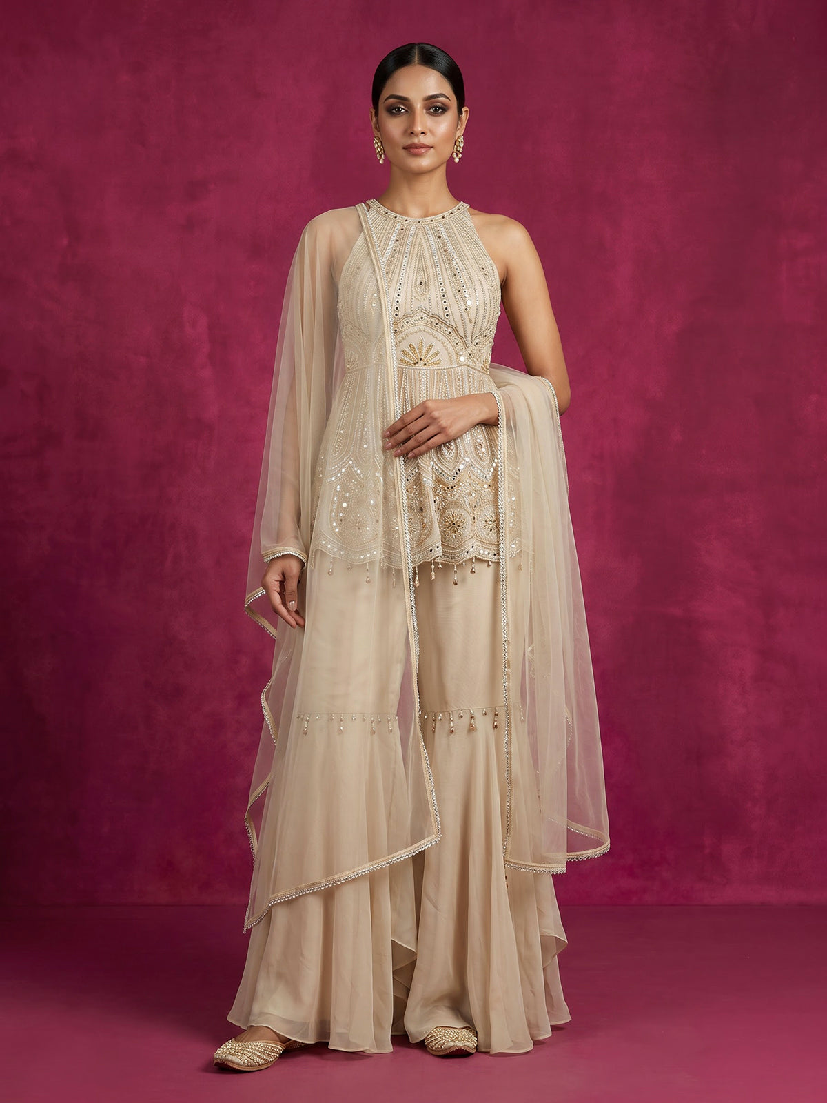 Cream women embellished halter sharara suit