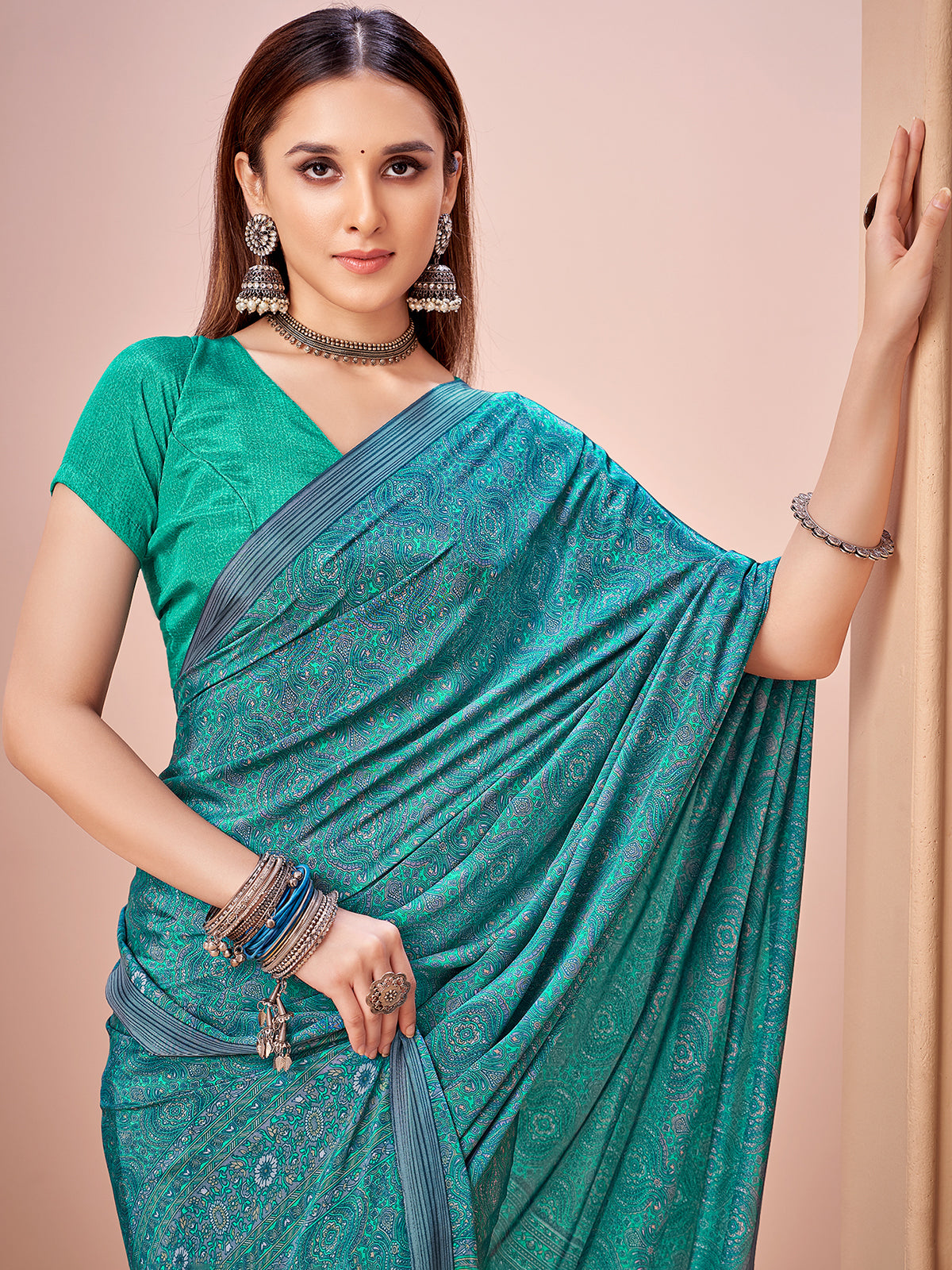 Rama green printed casual crepe silk saree with unstitched blouse