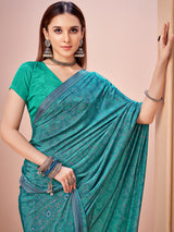 Rama green printed casual crepe silk saree with unstitched blouse