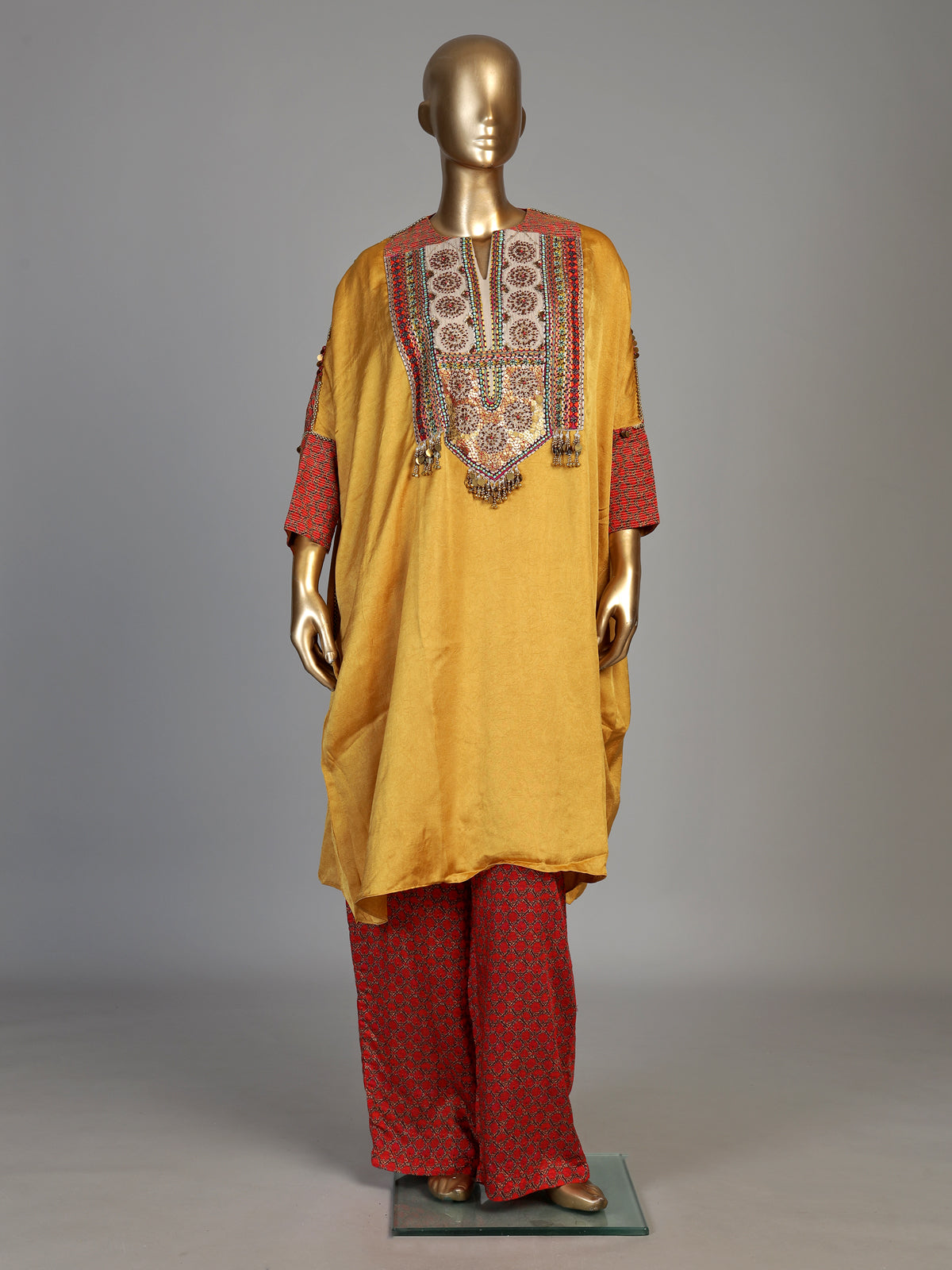 Mustard yellow women embroidered tussar silk pant suit