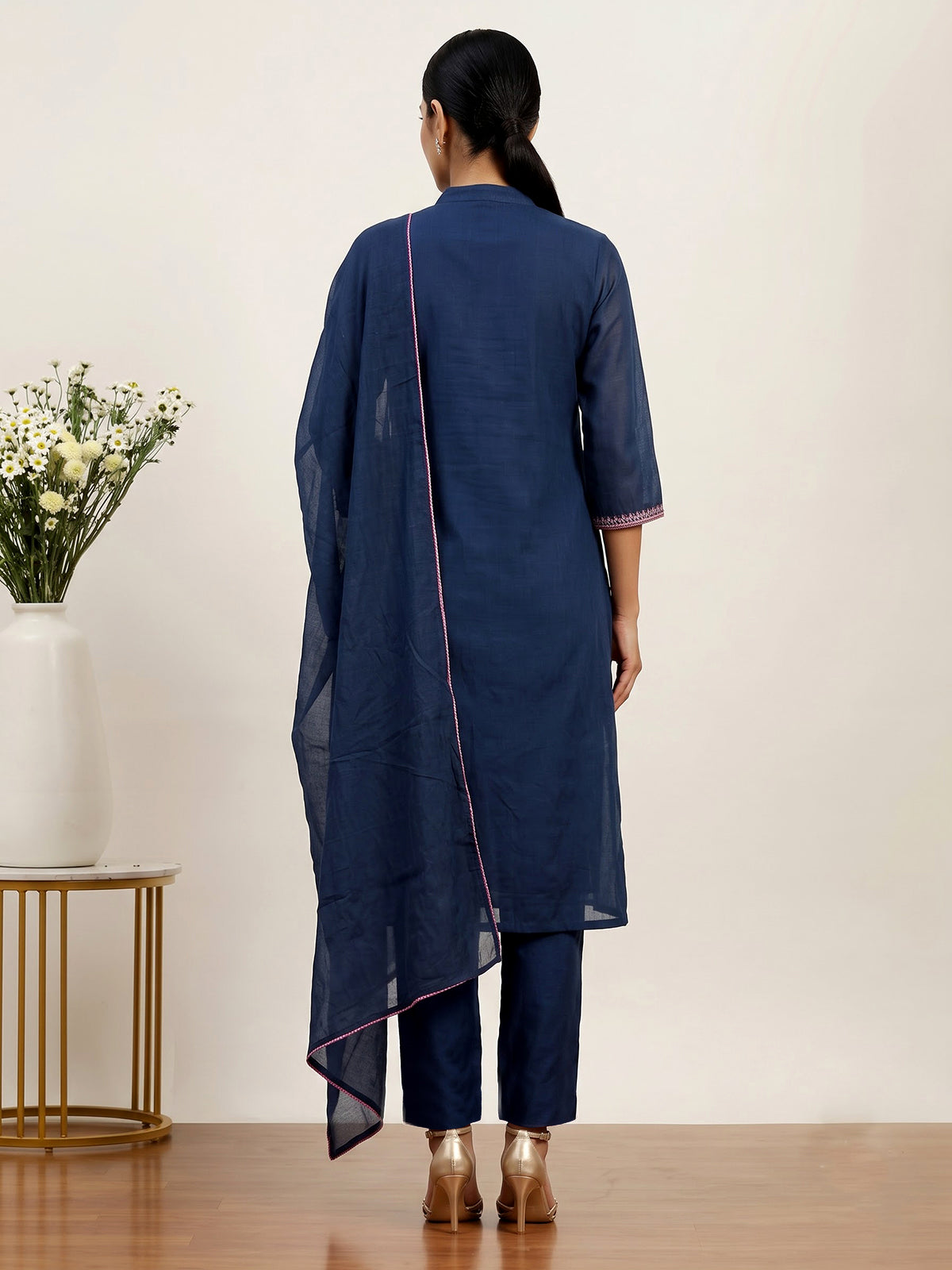 Navy blue women floral threadwork pant suit
