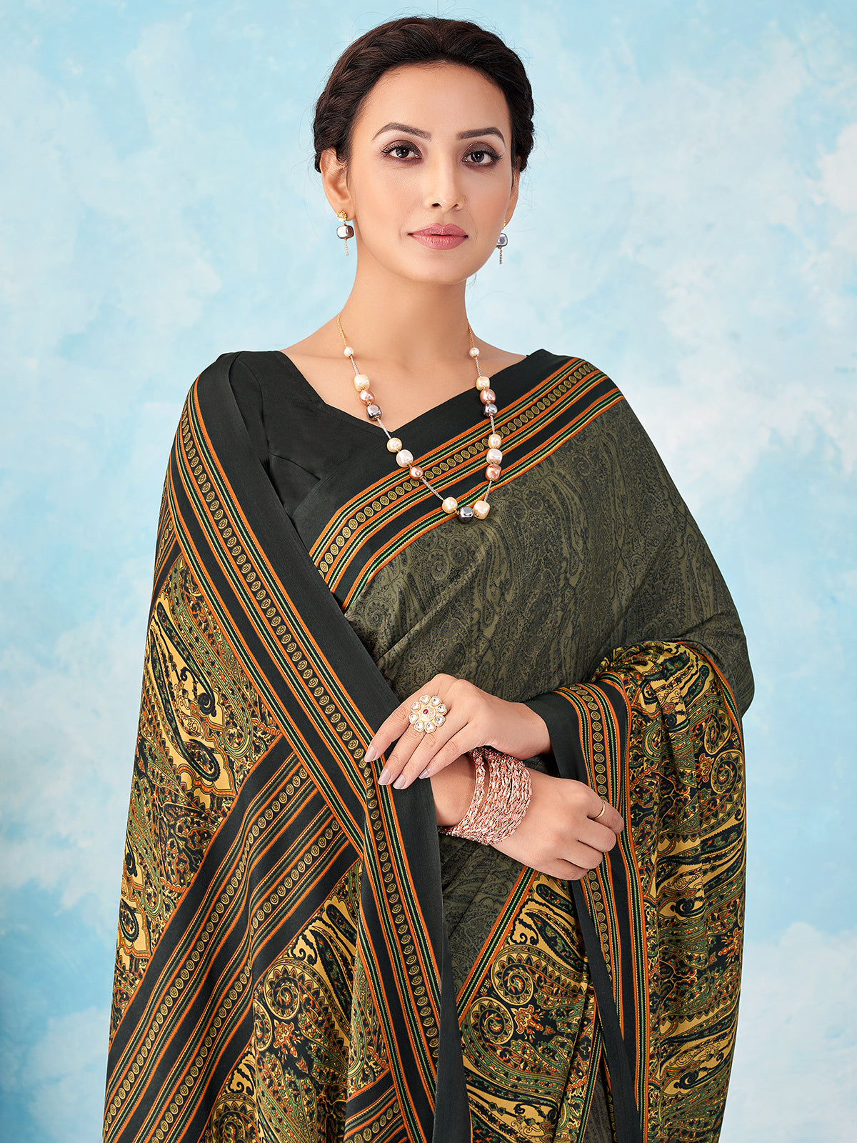 Black printed crepe silk saree for casual
