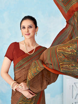 Rust brown printed crepe silk saree with unstitched blouse
