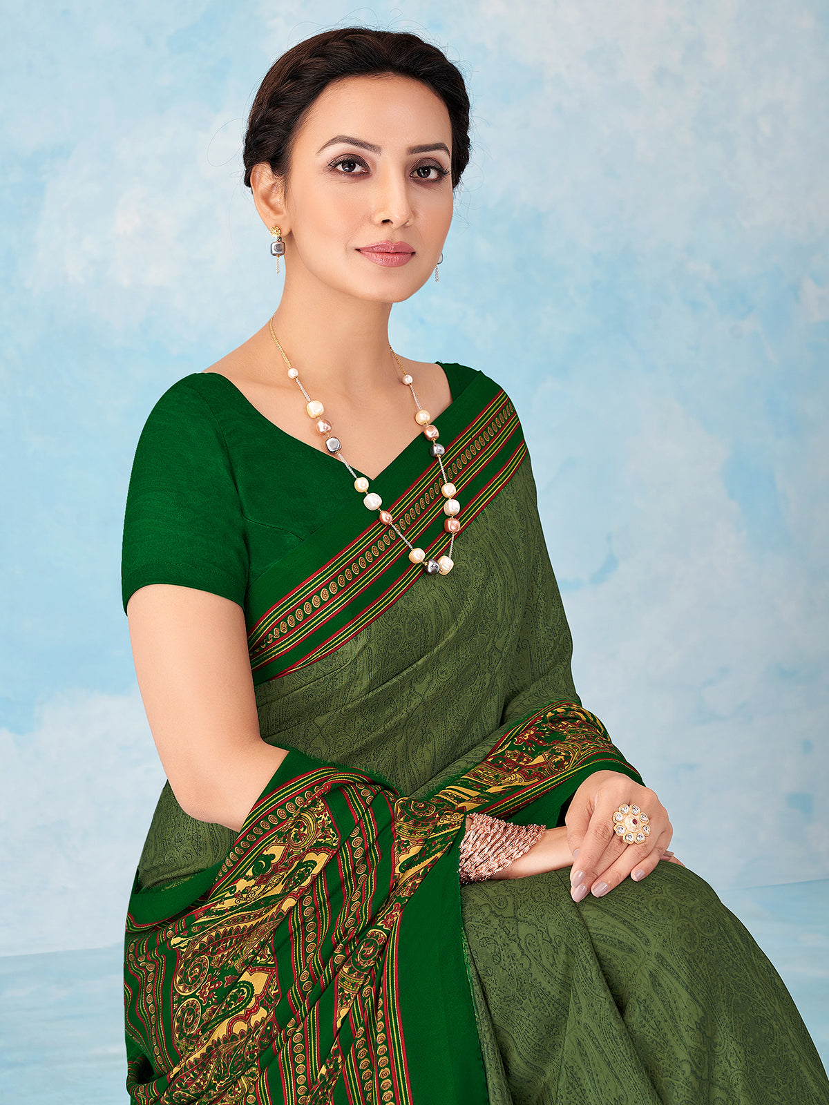 Green printed crepe silk casual saree for women