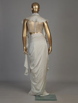 White women pearl embellished ruffled shrug indo western
