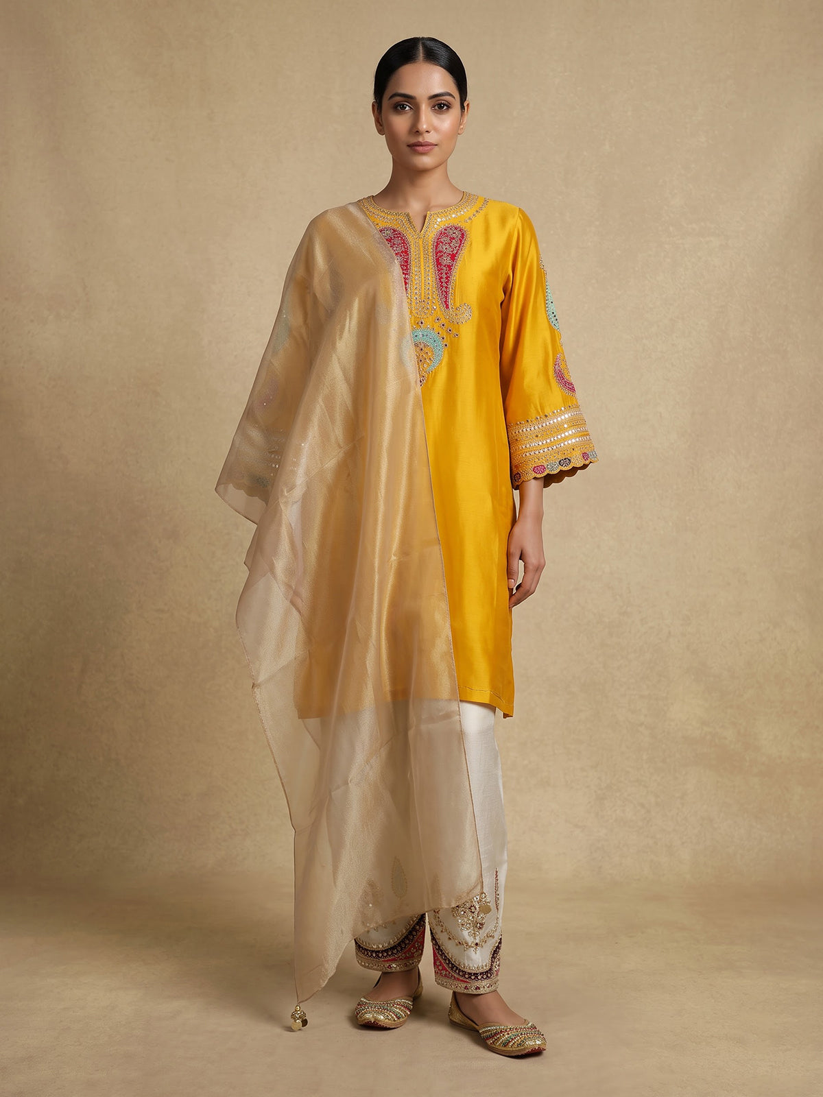 Yellow women paisley embellished palazzo suit