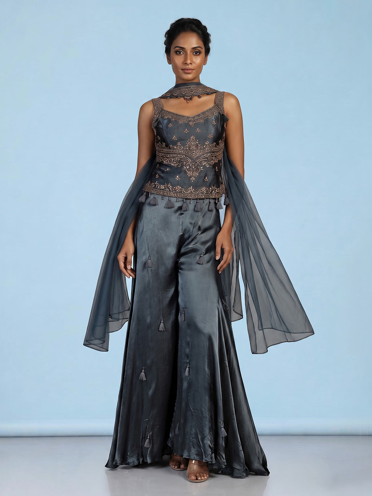 Grey women traditional medallion sharara suit