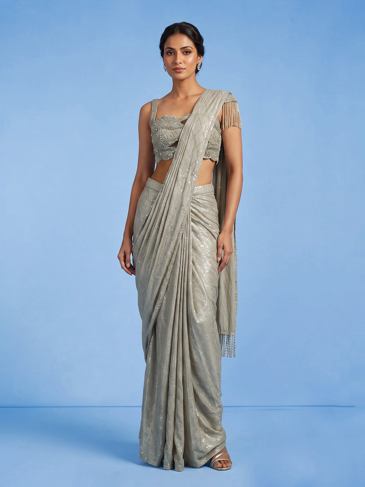 Beige women pearl drape ready to wear saree