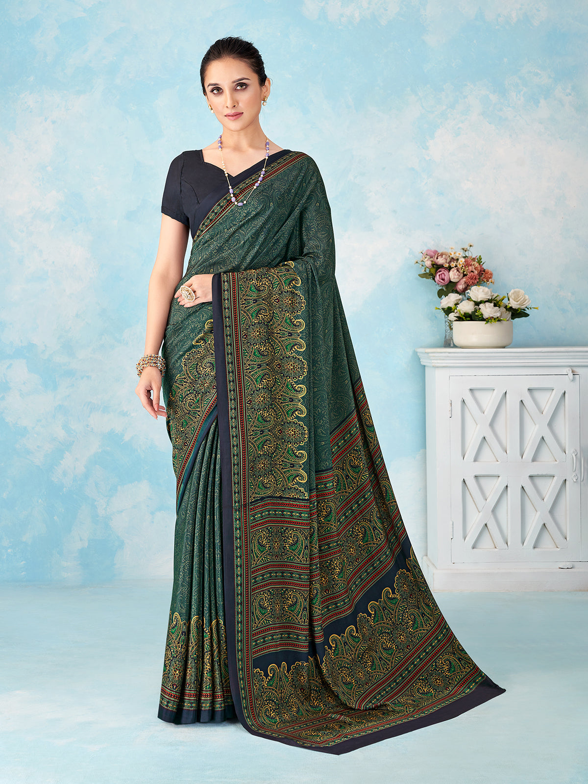Navy blue printed crepe silk saree