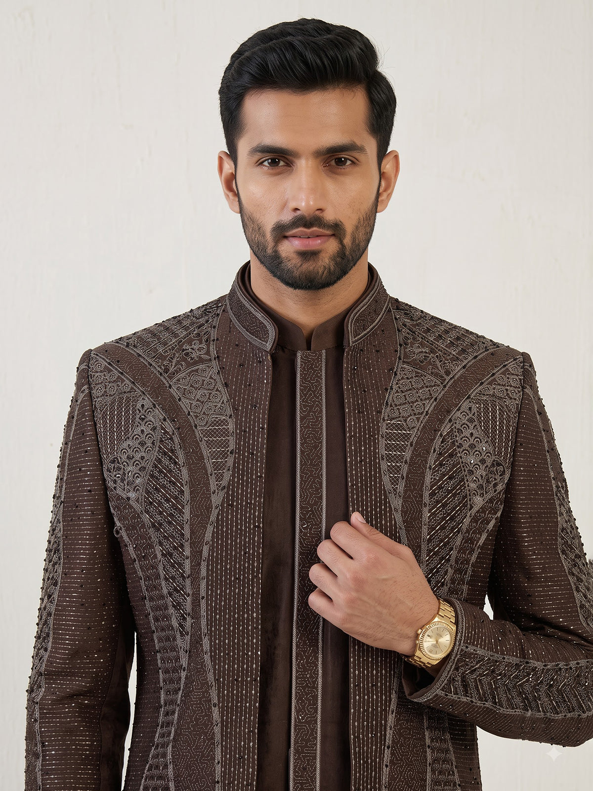 Brown men sculpted embroidered indo western
