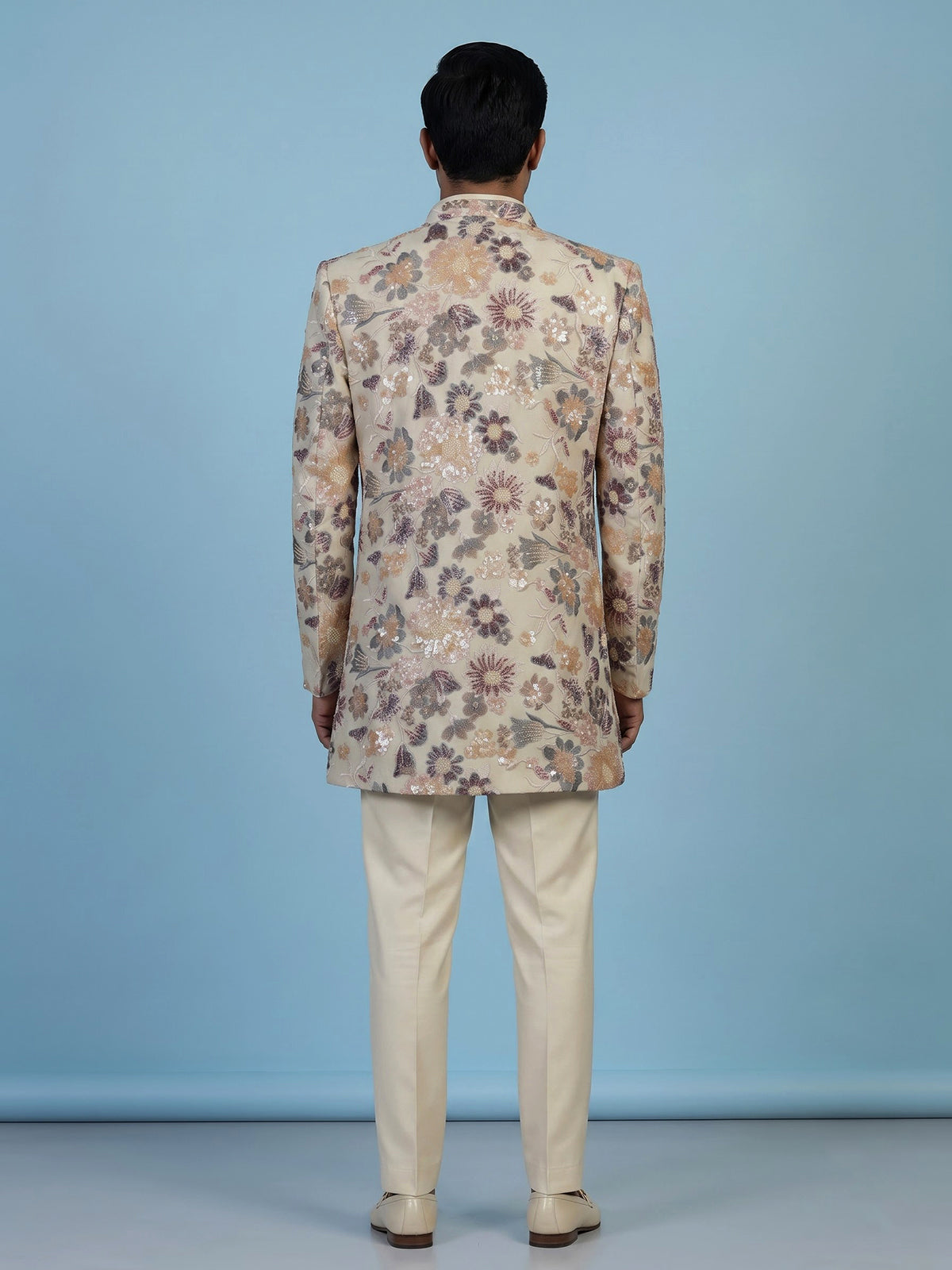 Cream men floral tapestry embroidered indo western