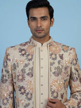 Cream men floral tapestry embroidered indo western
