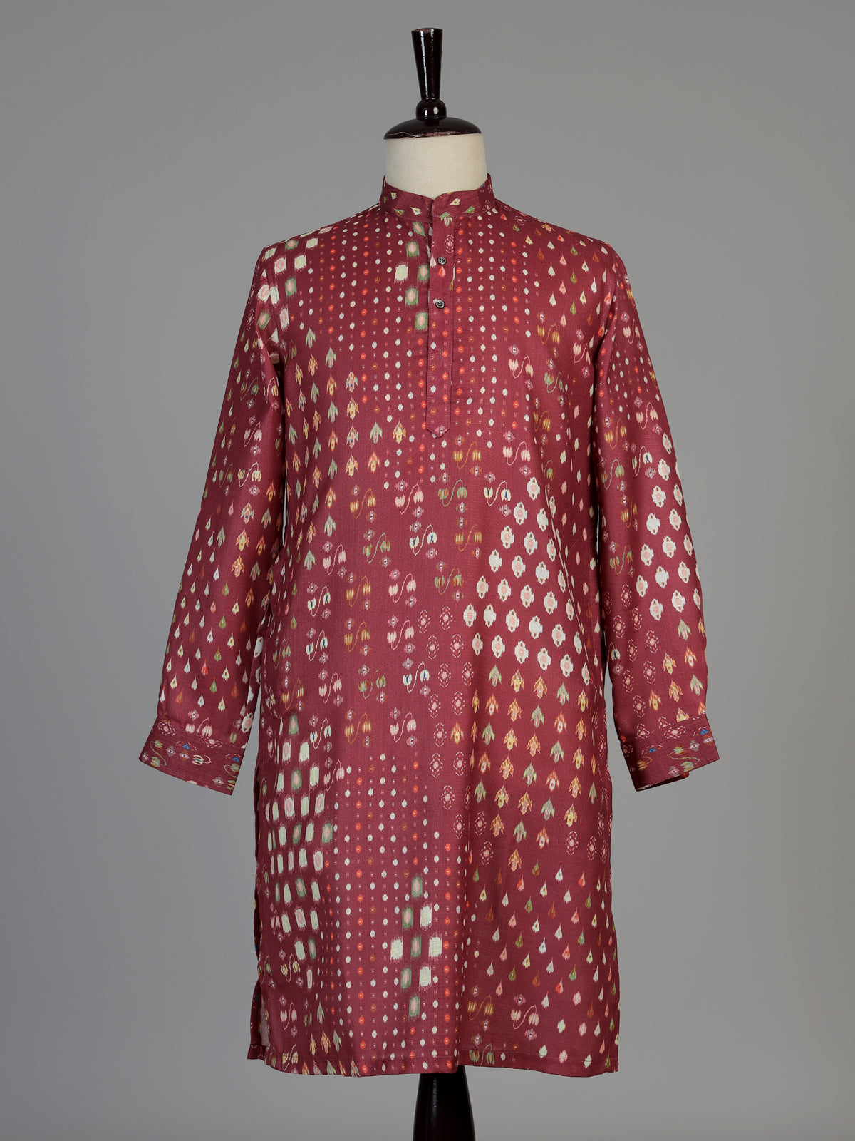 Maroon men geometric printed chinese kurta