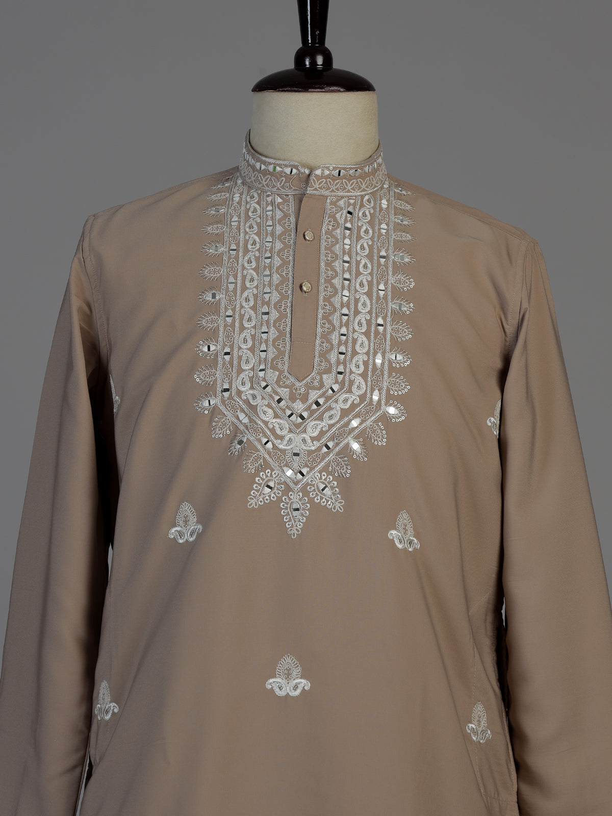 Dark beige men floral embellished chinese kurta